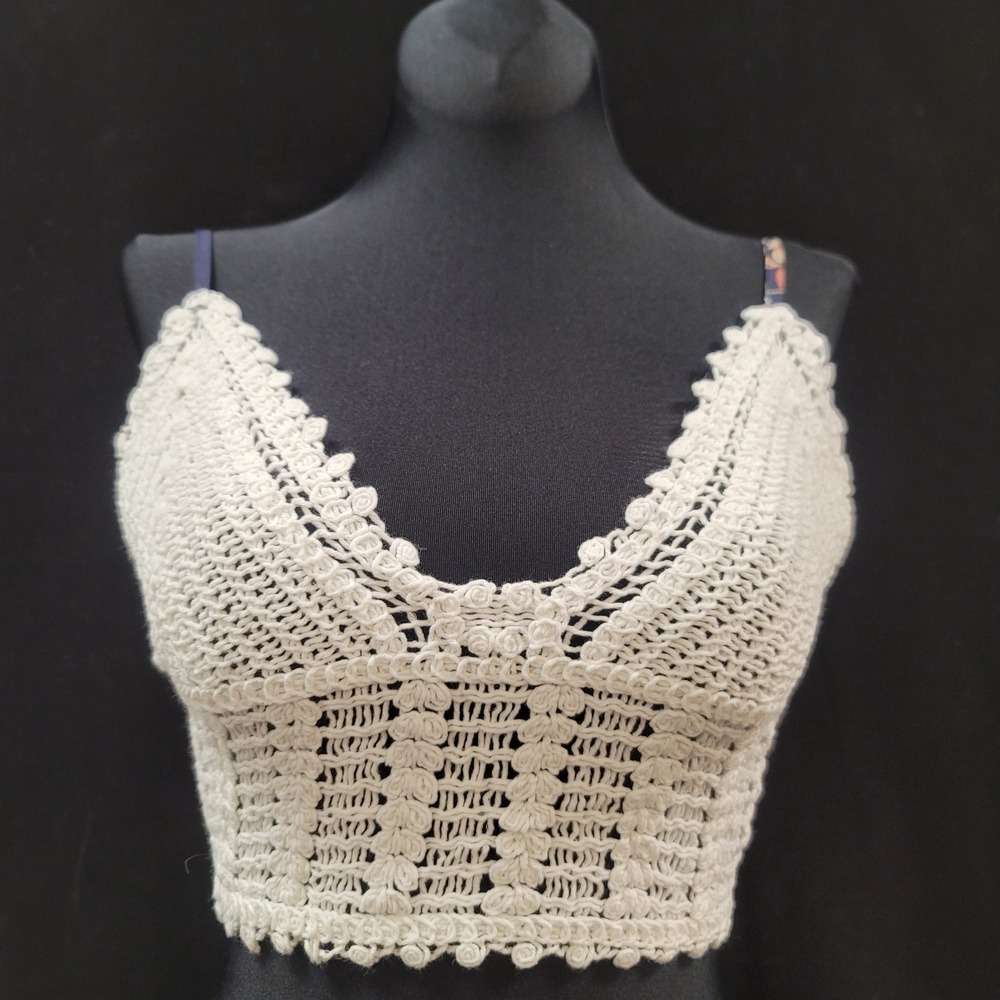Shein Womens Festival Coachella Crochet Crop Top Size‎ XXS Petite Ivory Tie Back